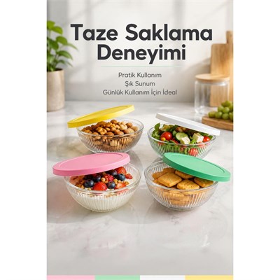 Vienev 4lü Renkli Kapaklı Cam Kase Seti 415 Cc - Kahvaltılık Saklama Kabı