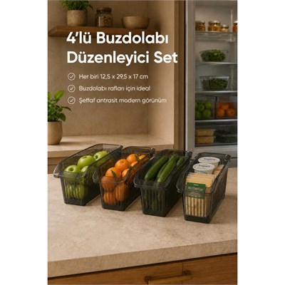 Vienev 4lü Şeffaf Antrasit Buzdolabı Düzenleyici Dolap İçi Düzenleme Organizer Seti
