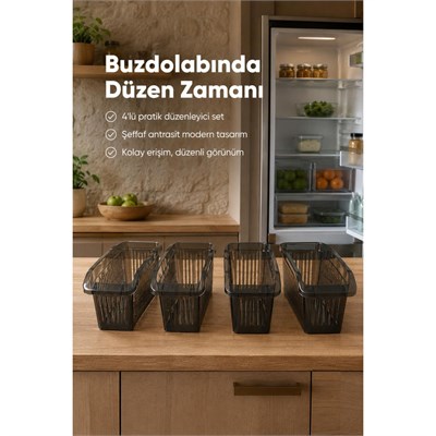 Vienev 4lü Şeffaf Antrasit Buzdolabı Düzenleyici Dolap İçi Düzenleme Organizer Seti