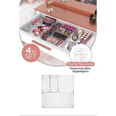 Vienev 4lü Şeffaf Çekmece Içi Düzenleyici Organizer 1x(b.dkdrtgn, B.kare) 2x(k.dkdrtgn)