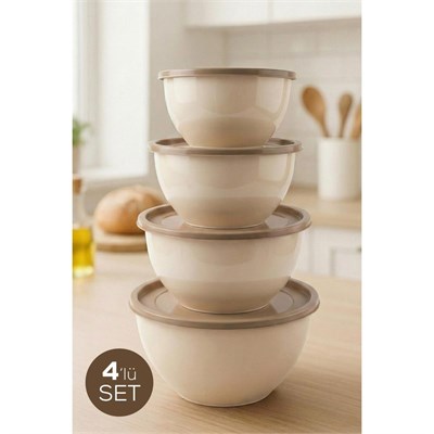 Vienev 4lü Yuvarlak Kase Seti Bej | 1l, 1.5l, 2.3l, 3.3l | Kapaklı Çok Amaçlı Mutfak Saklama Kabı