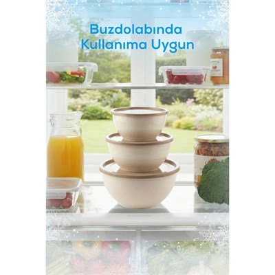 Vienev 4lü Yuvarlak Kase Seti Bej | 1l, 1.5l, 2.3l, 3.3l | Kapaklı Çok Amaçlı Mutfak Saklama Kabı