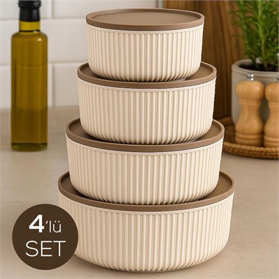 Vienev 4lü Yuvarlak Saklama Kabı Seti Bej | 2.5l 1.5l 0.80l 0.45l | Mikrodalga Ve Dondurucu Uyumlu