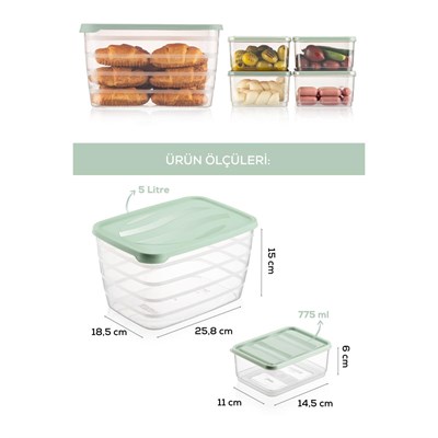 Vienev 5li Set Dondurucu Ve Mikrodalgaya Uygun Buzdolabı Düzenleyici 1x(5 Litre) 4x(775 Ml) Mint Yeşili
