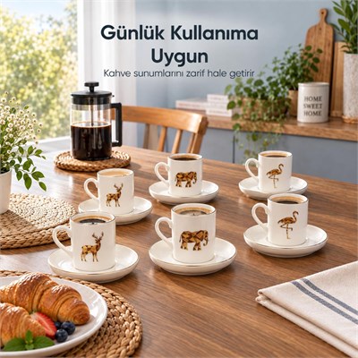 Vienev 6 Kişilik Origami Desenli Porselen Türk Kahvesi Fincanı Seti 100 Ml Beyaz Gold Yaldızlı 12 Parça