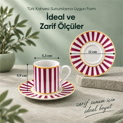 Vienev 6 Kişilik Pembe Çizgili Porselen Kahve Fincanı Takımı 12 Parça Altın Yaldız Detaylı Şık Sunum Seti