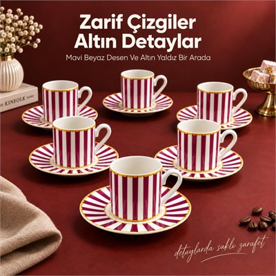 Vienev 6 Kişilik Pembe Çizgili Porselen Kahve Fincanı Takımı 12 Parça Altın Yaldız Detaylı Şık Sunum Seti