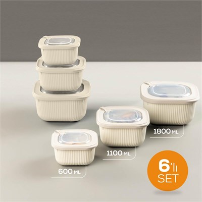 Vienev 6lı 2x(600-1100-1800 Ml) Mikrodalga Ve Difrize Uygun Vip Kapaklı Özel Saklama Kabı Seti Bej