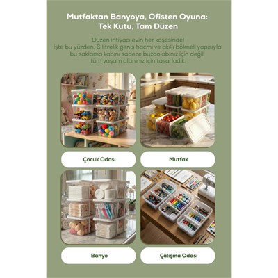 Vienev 6lı Ayarlanabilir 3 Bölmeli Saklama Kabı 6 Lt | Buzdolabı Çekmece Düzenleyici Organizer Kutu