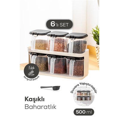 Vienev 6lı Beyaz Standlı Kaşıklı Etiketli Kendinden Yapışkanlı Baharatlık Seti Beyaz