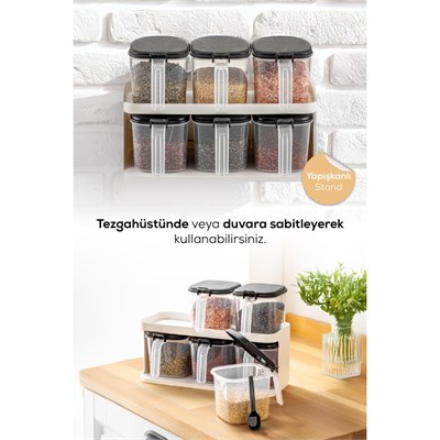 Vienev 6lı Beyaz Standlı Kaşıklı Etiketli Kendinden Yapışkanlı Baharatlık Seti Beyaz