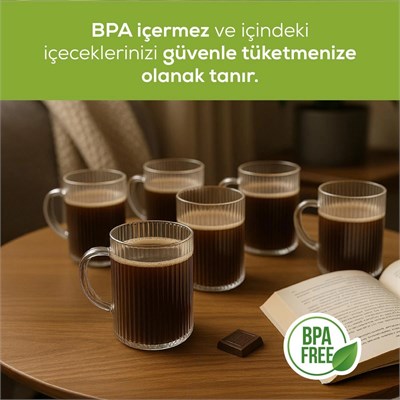 Vienev 6lı Çizgili Desenli Kulplu Cam Bardak - 200 Ml Cam Çay Bardağı