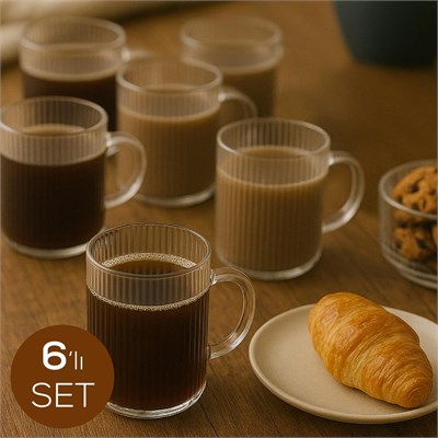 Vienev 6lı Çizgili Desenli Kulplu Cam Bardak - 200 Ml Cam Çay Bardağı