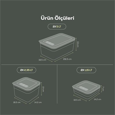 Vienev 6lı Hava Kanallı Ayarlanabilir Sebze Ve Meyve Saklama Kabı 2x(1,15-2,35-5 lt) yeşil