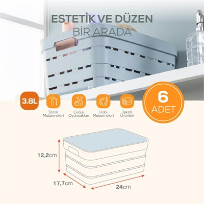 Vienev 6lı Kapaklı 3,8 Litre Delikli Saklama Kutusu Mavi