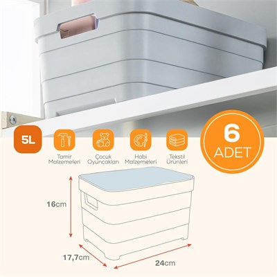 Vienev 6lı Kapaklı 5 Litre Saklama Kutusu Antrasit