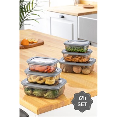 Vienev 6lı Poly Kapak Dikdörtgen Sığ Saklama Kabı Seti Antrasit 2x(400, 670, 1200 Ml)