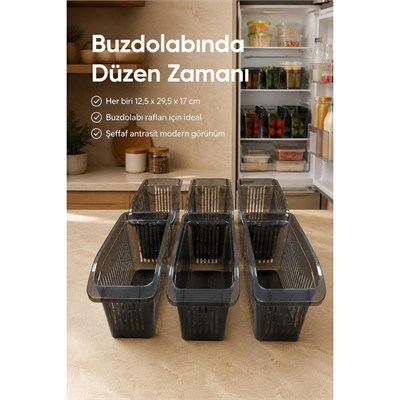 Vienev 6lı Şeffaf Antrasit Buzdolabı Düzenleyici Dolap İçi Düzenleme Organizer Seti