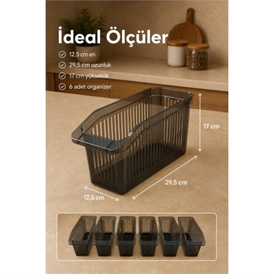 Vienev 6lı Şeffaf Antrasit Buzdolabı Düzenleyici Dolap İçi Düzenleme Organizer Seti