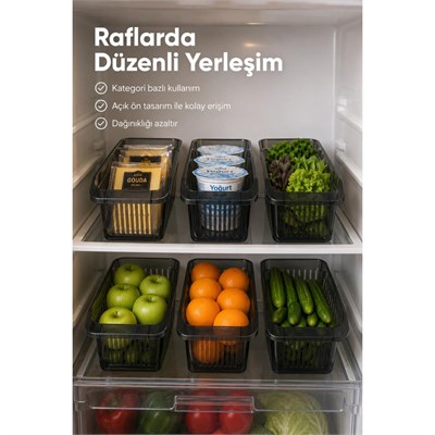 Vienev 6lı Şeffaf Antrasit Buzdolabı Düzenleyici Dolap İçi Düzenleme Organizer Seti