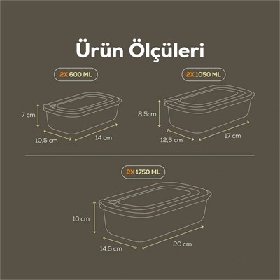 Vienev 6lı Vip Dikdörtgen Mikrodalga Ve Difrize Uygun Saklama Kabı Seti Bej 2x(1750,1050,600 Ml)