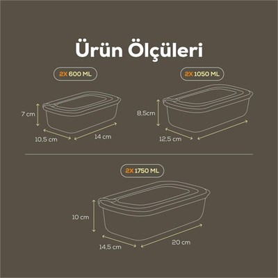 Vienev 6lı Vip Dikdörtgen Mikrodalga Ve Difrize Uygun Saklama Kabı Seti Gri 2x(1750,1050,600 Ml)