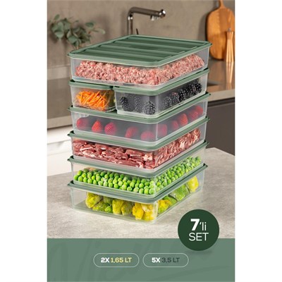 Vienev 7li Buzdolabı Dondurucu Organizer Ve Saklama Kabı Yeşil 5x(3,5lt) 2x(1,65lt)