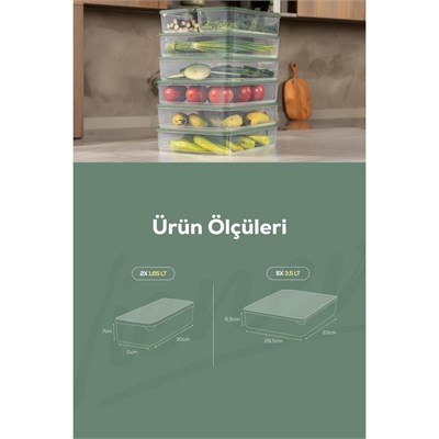 Vienev 7li Buzdolabı Dondurucu Organizer Ve Saklama Kabı Yeşil 5x(3,5lt) 2x(1,65lt)