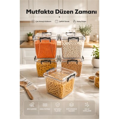 Vienev 8.5 Lt Şeffaf Plastik Erzak Saklama Kabı 5li Set - Kapaklı Kilitli Çok Amaçlı Düzenleyici