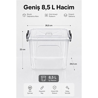 Vienev 8.5 Lt Şeffaf Plastik Erzak Saklama Kabı 5li Set - Kapaklı Kilitli Çok Amaçlı Düzenleyici