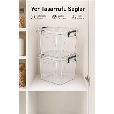 Vienev 8,5 L Şeffaf Plastik Saklama Kabı 2li Set Düzenleyici Kutu Kapaklı Erzak Kabı