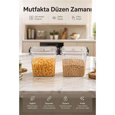 Vienev 8,5 L Şeffaf Plastik Saklama Kabı 2li Set Düzenleyici Kutu Kapaklı Erzak Kabı