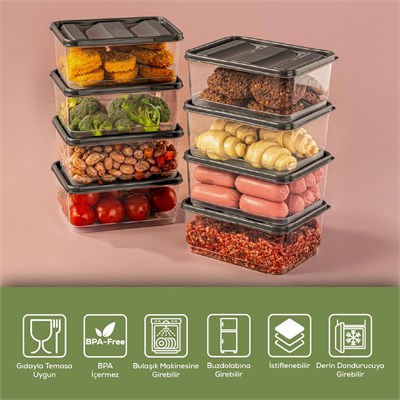 Vienev 8li 775 Ml Buzdolabı Düzenleyici Organizer Mikrodalgaya Uygun Difriz Saklama Kabı Gri