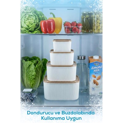 Vienev 8li Çizgili Kare Saklama Kabı Seti Bej - Mikrodalga Ve Derin Dondurucu Uyumlu