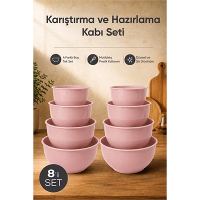 Vienev 8li Karıştırma Ve Hazırlama Kabı Seti Pembe - 1l 1.5l 2.3l 3.3l