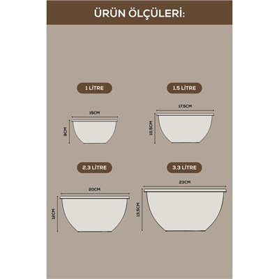 Vienev 8li Yuvarlak Kase Seti Bej | 1l, 1.5l, 2.3l, 3.3l | Kapaklı Çok Amaçlı Mutfak Saklama Kabı