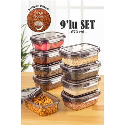 Vienev 9lu 0,67 Litre Contalı Dikdörtgen Saklama Kabı Seti Serigrafi Etiketli
