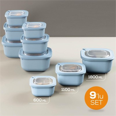 Vienev 9lu 3x(600-1100-1800 Ml) Mikrodalga Ve Difrize Uygun Vip Kapaklı Özel Saklama Kabı Seti Mavi