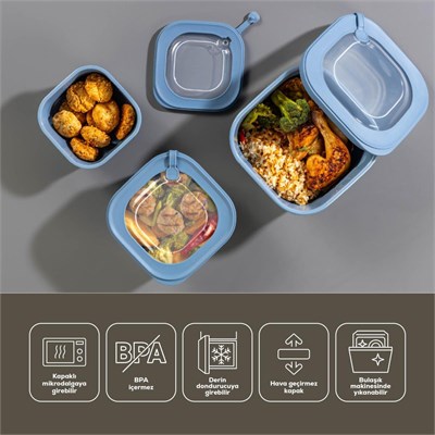 Vienev 9lu 3x(600-1100-1800 Ml) Mikrodalga Ve Difrize Uygun Vip Kapaklı Özel Saklama Kabı Seti Mavi
