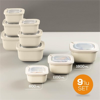 Vienev 9lu 3x(600-1100-1800 Ml) Mikrodalga Ve Difrize Uygun Vip Kapaklı Özel Saklama Kabı Seti Bej