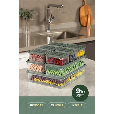 Vienev 9lu Buzdolabı Dondurucu Organizer Ve Saklama Kabı Yeşil 6x(350ml) 2x(1,65lt) 1x(3,5lt)
