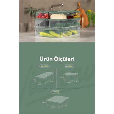 Vienev 9lu Buzdolabı Dondurucu Organizer Ve Saklama Kabı Yeşil 6x(350ml) 2x(1,65lt) 1x(3,5lt)