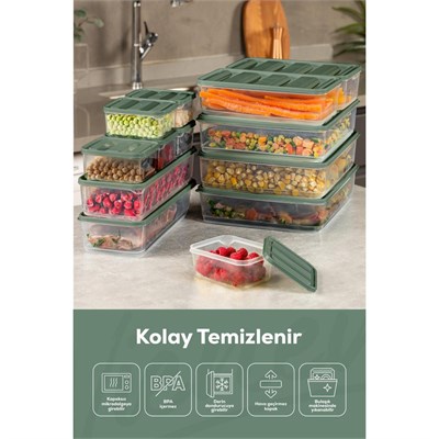 Vienev 9lu Buzdolabı Dondurucu Organizer Ve Saklama Kabı Yeşil 6x(350ml) 2x(1,65lt) 1x(3,5lt)