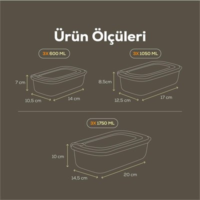 Vienev 9lu Vip Dikdörtgen Mikrodalga Ve Difrize Uygun Saklama Kabı Seti Bej 3x(1750,1050,600 Ml)