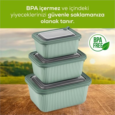 Vienev 9lu Vip Dikdörtgen Mikrodalga Ve Difrize Uygun Saklama Kabı Seti Yeşil 3x(1750,1050,600 Ml)