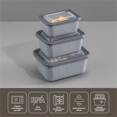 Vienev 9lu Vip Dikdörtgen Mikrodalga Ve Difrize Uygun Saklama Kabı Seti Gri 3x(1750,1050,600 Ml)