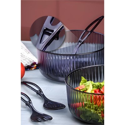 Vienev Akrilik Yuvarlak Kaşıklı Salata Kasesi 23 Cm Servis Sunum Tabağı Antrasit