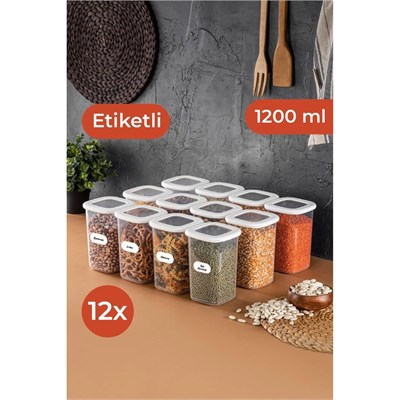 Vienev Beyaz Etiketli 12li Set Orta Boy 1,2 Litre Kare Erzak Saklama Kabı Beyaz