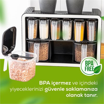 Vienev Beyaz Serigrafi Etiketli 12li 250 Ml Standlı Kendinden Yapışkanlı Kaşıklı Baharatlık Seti Siyah