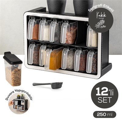 Vienev Beyaz Serigrafi Etiketli 12li 250 Ml Standlı Kendinden Yapışkanlı Kaşıklı Baharatlık Seti Siyah